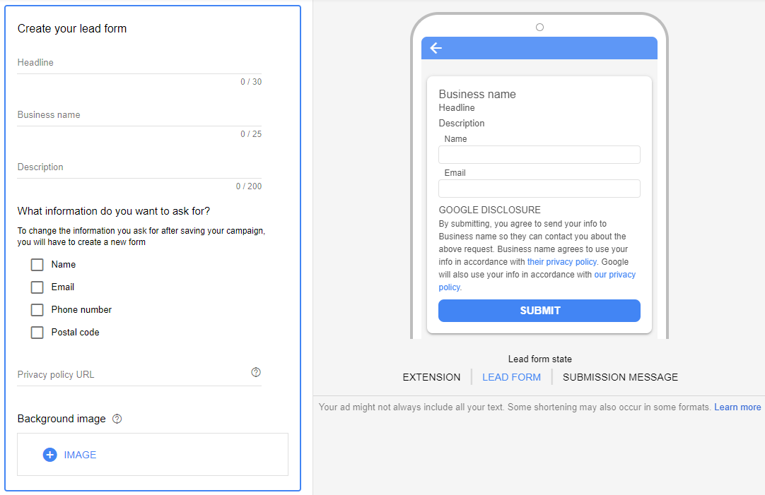 Screenshot van de tweede stap om een lead form extension op te zetten: het formulier.